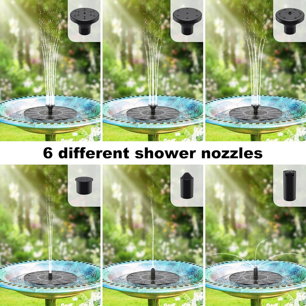 Solar Powered Bird Bath Fountain with 6 Nozzles for Bird Bath, Garden, Pond, Pool
